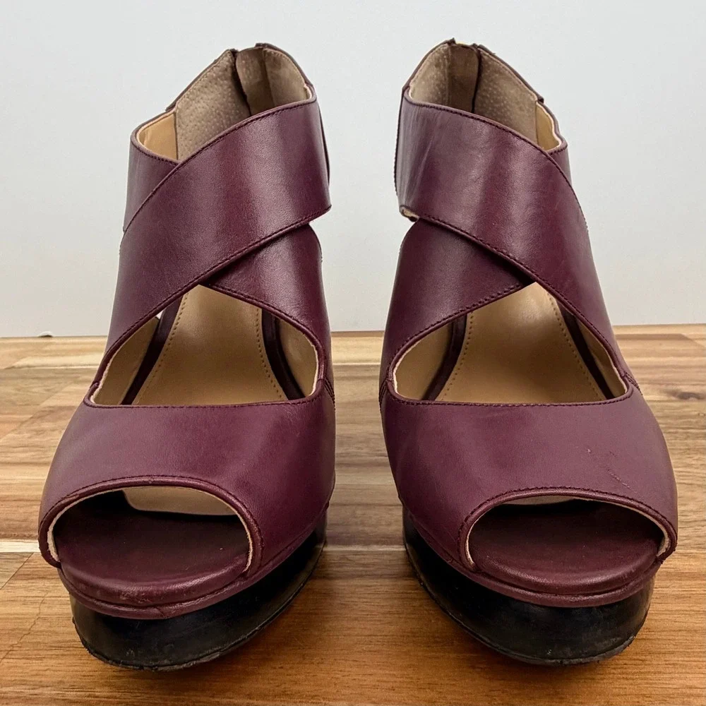 Michael Kors Plum Burgundy Leather Peep Toe Platform Heels Back Zip Womens 8M
